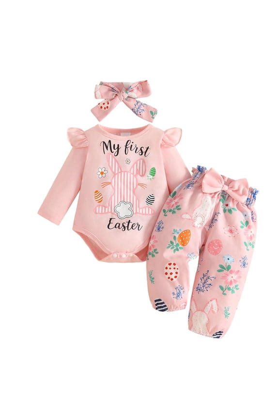 Baby Girl Boy Easter Outfit Infant Boys Girls Long Sleeve Easter Bunny Romper Bodysuit Cartoon Print Pants With Headband Set Fashion Outfits Set