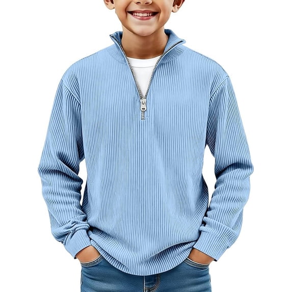 PRfgtbd Boys Quarter Zip Corduroy Sweatshirts Kids Long Sleeve Pullover Tops Solid Color Fashion Casual Stand Collar Ribbed Shirts Versatile Tees Tops