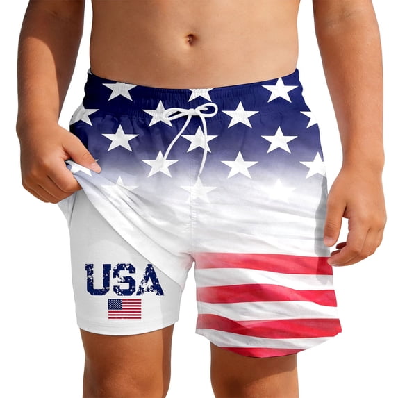 PRfgtbd Boys Swim Trunks Patriotic Print Double Layer Beach Shorts Independence Day Summer Casual Lightweight American Flag Swim Shorts 11-12 Years