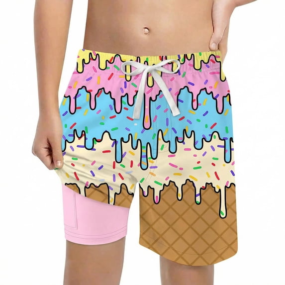 PRfgtbd Boys Swim Trunks With Inner Pocket Ice Cream Shorts Double Layer Bathing Suit Casual Elastic Waist Beach Shorts For Kids Playwear 11-12 Years