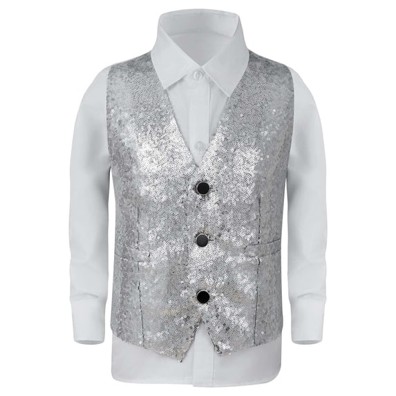 PRfgtbd Boys Vest For Stage Performance Glitter Sequins Tops Formal Sleeveless Vests For Kids Shows And Party Fashion Clothing Tops Boy Trendy T-Shirt