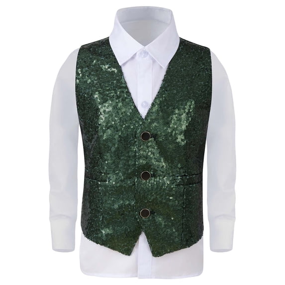 PRfgtbd Boys Vest For Stage Performance Glitter Sequins Tops Formal Sleeveless Vests For Kids Shows And Party Fashion Clothing Tops Classic Fit T-Shirt