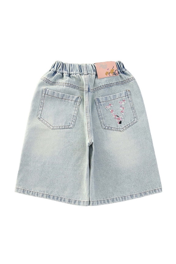 Fashion Jean Shorts For Girls Summer Denim Shorts Elastic Waist Casual Denim Shorts Trendy Vintage Jorts Kids Summer Streetwear 12-14 Years