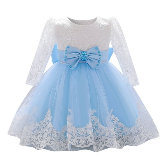PRfgtbd Flower Girl Dress Cute Baby Girls Dress Ruffle Long Sleeve Lace Bowknot Tulle Princess Dresses Pageant Formal Birthday Party Dress Holiday Party Dress