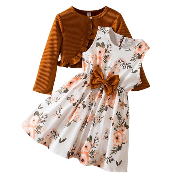 PRfgtbd Girls Clothes 2 Piece Casual Summer Dress And Cardigan Set Sleeveless Floral Dress And Long Sleeve Cardigans Fashion Beach Outfit Trendy Clothing Sets