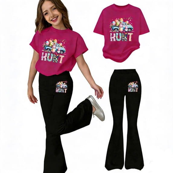 PRfgtbd Girls Clothes Easter Bunny Print Short Sleeve T Shirts Casual Round Neck Tee Shirt Tops And Flared Pants Two Piece Outfits Classic Outfits Set
