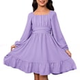 thumbnail image 1 of PRfgtbd Girls Dresses Casual Long Sleeve Backless Dress With Waist Tie Solid Color Summer Spring Fall Square Neck A-Line Midi Sundress A-Line Party Dress, 1 of 5