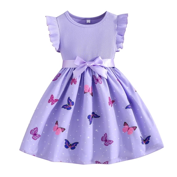 PRfgtbd Girls Dresses Easter Ribbed Ruffle Sleeveless Summer Dress With Butterfly Print Flowy Dress For Toddler Girl Casual Sundress Fashion