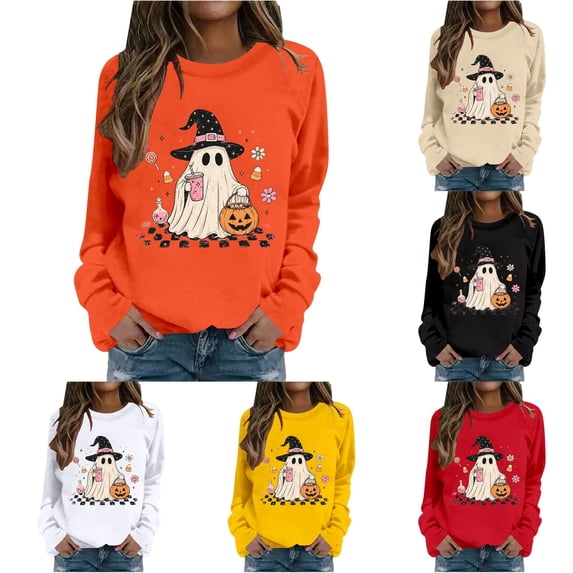 PRfgtbd Halloween Sweatshirt for Women Ghost Pumpkin Long Sleeve Crewneck Sweatshirts Graphic Pullover Tops Fall Clothes