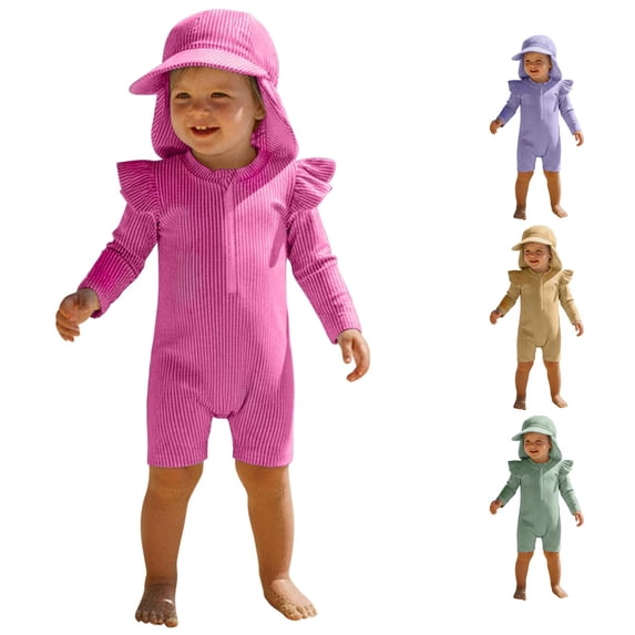 PRfgtbd Baby Girls One Piece Swimsuit Long Sleeve Rash Guard Bathing Suit With Sun Hat Striped Zip Up Swimsuits Sun Protection Swimwear Set 3-6 Months