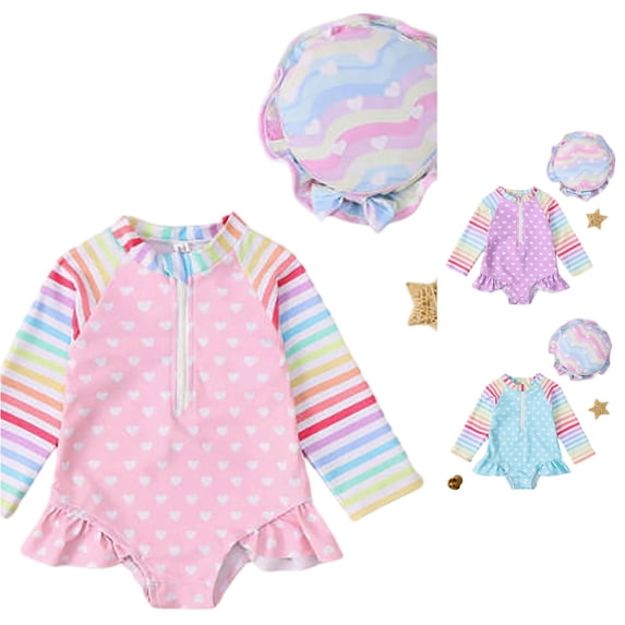 PRfgtbd Baby Girls Swimsuit Colorful Striped Heart Print Long Sleeve One Piece Swimsuits Baby Girl Bathing Suits Sun Protection Swimwear Beachwear 18-24 Months