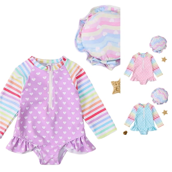 PRfgtbd Baby Girls Swimsuit Colorful Striped Heart Print Long Sleeve One Piece Swimsuits Baby Girl Bathing Suits Sun Protection Swimwear Beachwear 18-24 Months