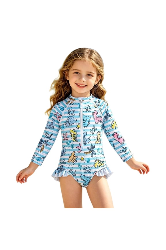 Baby Girls Swimsuit Long Sleeve Rash Guard Bathing Suits Cartoon Dinosaur Print Swimwear Summer Sun Protection Swimsuits Hot Springs Beachwear 2-3 Years