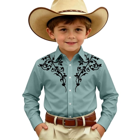 PRfgtbd Kids 4th of July Shirts Boy's Western Cowboy Shirt Embroidered Long Sleeve Regular Fit Casual Button Down Shirts Vintage Blouses 4-5 Years