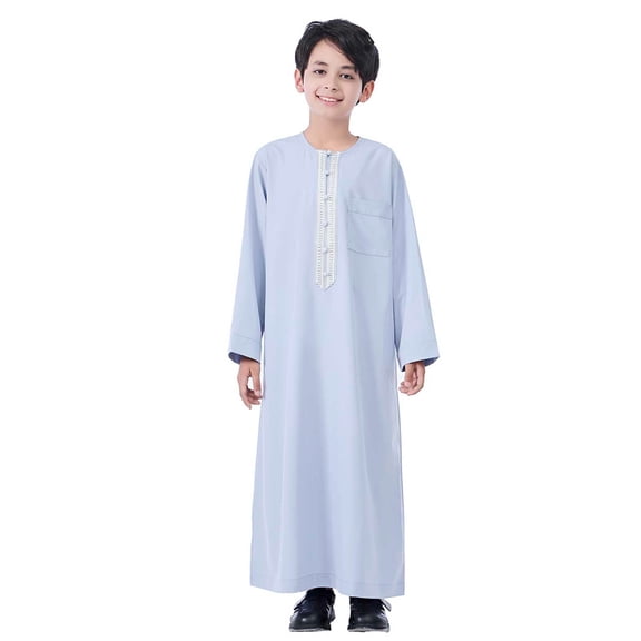 PRfgtbd Kids Thobe For Boys Arab Tobes Long Sleeve Kaftan Embroidered Robe With Pockets Solid Color Abaya Thobe Children's Clothing Tops Children Basic Tees