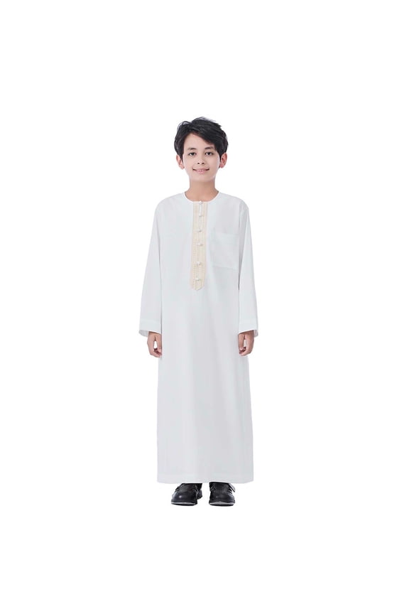 Kids Thobe For Boys Arab Tobes Long Sleeve Kaftan Embroidered Robe With Pockets Solid Color Abaya Thobe Children's Clothing Tops Trendy Basic Tee Tops