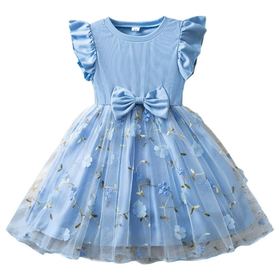 PRfgtbd Little Girl Tulle Tutu Dress Easter Flower Ribbed Birthday Party Princess Dresses With Bow And Flutter Sleeve Tutu Dress Sundress Dresses Easter Outfit