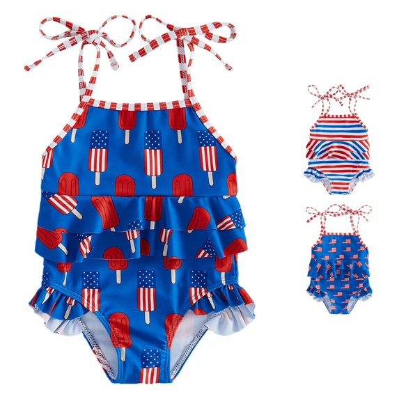 PRfgtbd Toddler Girl One Piece Swimsuit 4Th Of July /Bow/Star Print Ruffle Sleeveless Bathing Suit Swimwear Infant Girls Independence Day Swimsuits Beachwear 12-18 Months