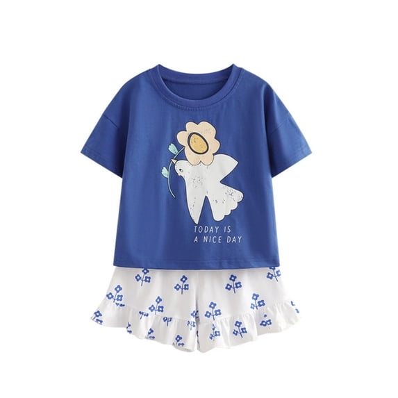 PRfgtbd Toddler Girls Summer Outfits Cute Print Short Sleeve Round Neck T Shirt Tops And Shorts 2 Piece Set Little Girl Casual Clothes Stylish Clothing Sets