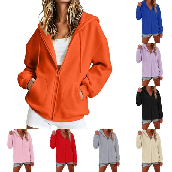 PRfgtbd Women's Casual Zip Up Hoodie with Pockets Solid Color Long Sleeve Sweatshirt Jackets Fall Trendy Hoodies for Women