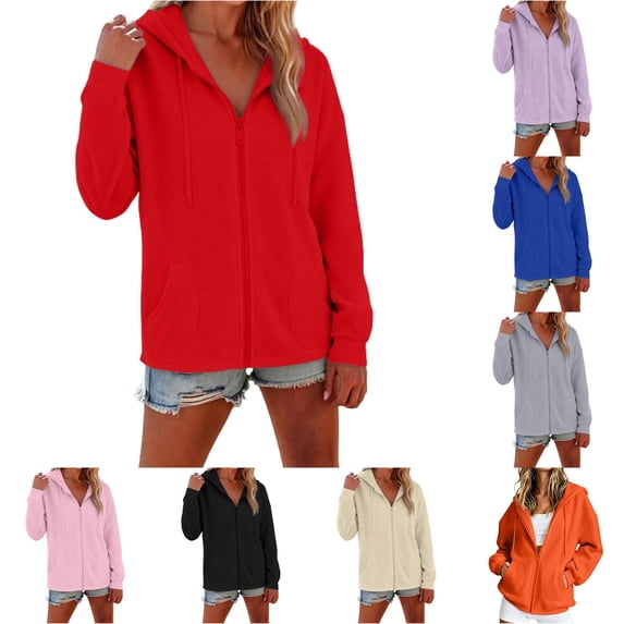 PRfgtbd Women's Casual Zip Up Hoodie with Pockets Solid Color Long Sleeve Sweatshirt Jackets Fall Trendy Hoodies for Women