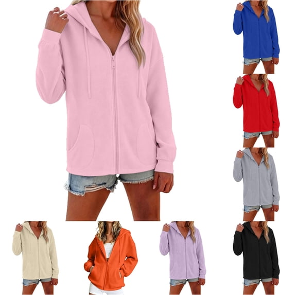 PRfgtbd Women's Casual Zip Up Hoodie with Pockets Solid Color Long Sleeve Sweatshirt Jackets Fall Trendy Hoodies for Women