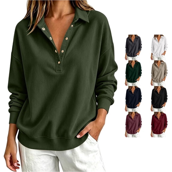 PRfgtbd Womens Henley Sweatshirts Half Button Collared Pullover Long Sleeve Drop Shoulder Sweatshirt Solid Color Plain Tops