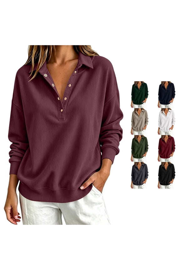 Womens Henley Sweatshirts Half Button Collared Pullover Long Sleeve Drop Shoulder Sweatshirt Solid Color Plain Tops