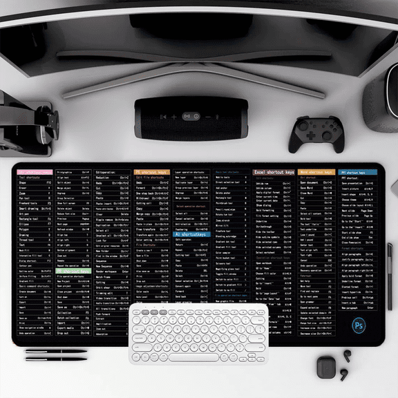 PS AI Excel Word PPT Shortcut Keys Mouse Pad 35.4x15.8 inches Rubber Desk Mat for Office and Design Work