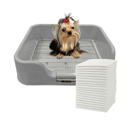 [PS KOREA] Indoor Dog Potty Tray – With Protection Wall Every Side For No Leak, Spill, Accident - Keep Paws Dry And Floors Clean! 100% Satisfaction (Tray+Pad, Grey)