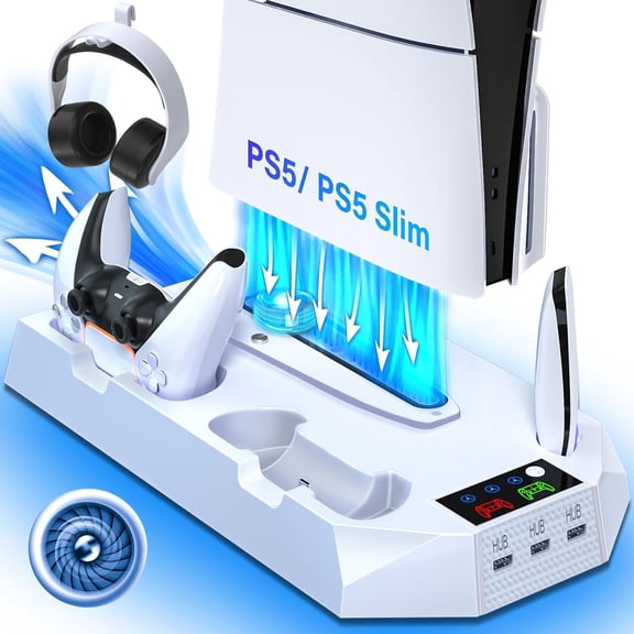 PS Slim Stand with Cooling Station for PS5 & PS5 Slim Console Disc/Digital Edition, PlayStation 5 Cooling Station with Dual PS5 Controller Charger, 3 Levels Cooling Fan, 3 USB Hubs, Headset Holder