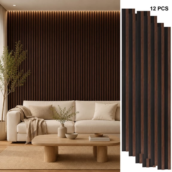 PS Wood Slat Wall Panels, 12 Pack, 3.94 x 92.91 in, Covers Approx. 30.5 sq.ft., 3D Fluted Wall Panels for Interior Decor, Modern Wall Paneling for Bedroom, Living Room, Office & TV Wall, Dark Walnut