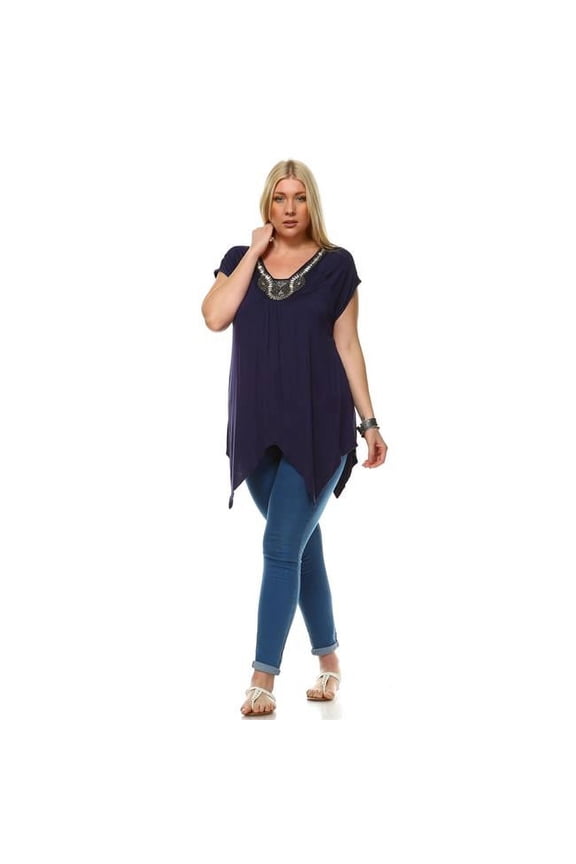 PS1288-07-2XL Plus Size Grace Embellished Tunic Top, Navy - 2XL