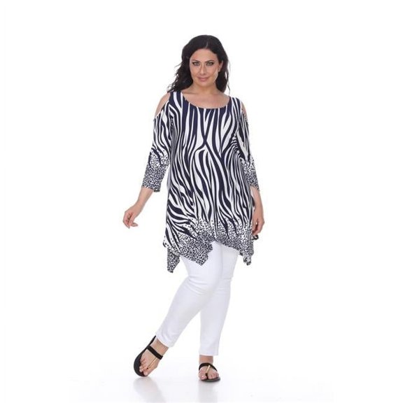 PS1305-02-2XL Womens Plus Size Antonia Cut-Out Shoulder Tunic Top, Navy & White - 2XL