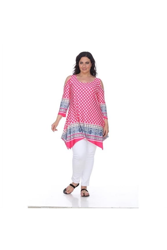 PS1305-156-3XL Womens Plus Size Antonia Cut-Out Shoulder Tunic Top, Fuchsia & White - 3XL