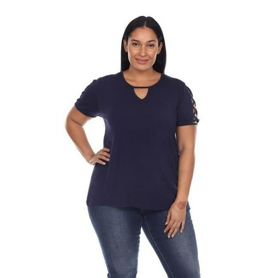 PS1314-02-3X Plus Size Keyhole Neck Cutout Short Sleeve Top, Blue - 3X