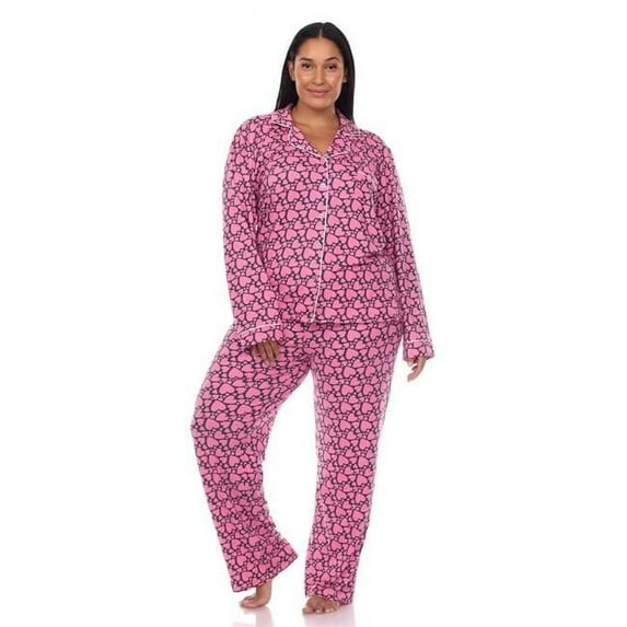 PS13686-32-3X Plus Size Long Sleeve Heart Print Pajama Set, Pink - 3X