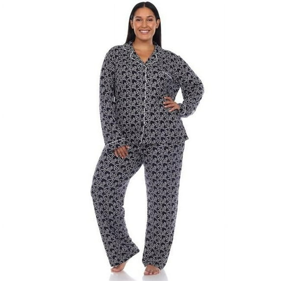 PS13686-33-1X Plus Size Long Sleeve Heart Print Pajama Set, Blue - 1X