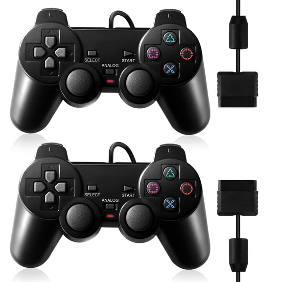 PS2 Controller,2 Packs Wired Controller Compatible with PS2/PS2 Slim/PS1,PS2 Replacement Wired Controller with Dual Vibration,Black