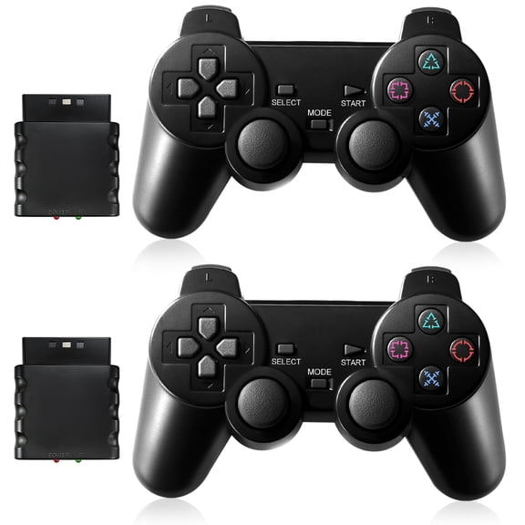 PS2 Controller,2 Packs Wireless Controller Compatible with PS2/PS2 Slim/PS1,PS2 Replacement Wireless Controller with Double Vibration ,Black