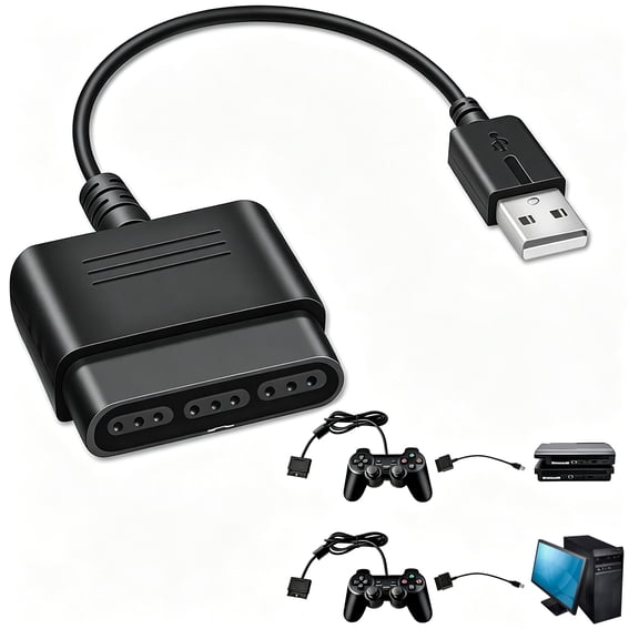 PS2 Controller to USB Adapter Converter Cable,Supports dualshock real vibration function on supported games,Compatible with PS1/PS2 Controller Gamepad to PS3/PC Controller
