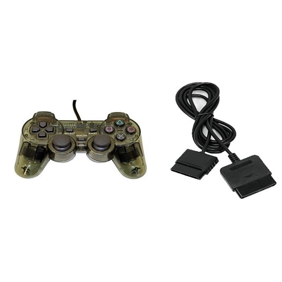PS2 PlayStation 2 Wired Replacement Controller And Extension Cord Transparent Black By Mars Devices