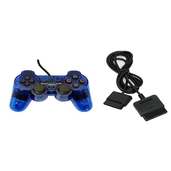 PS2 PlayStation 2 Wired Replacement Controller And Extension Cord Transparent Blue By Mars Devices