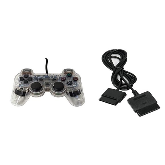 PS2 PlayStation 2 Wired Replacement Controller And Extension Cord Transparent Clear By Mars Devices