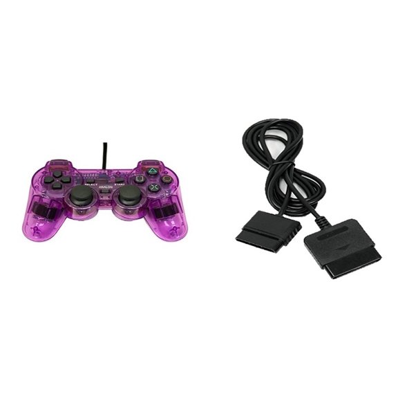 PS2 PlayStation 2 Wired Replacement Controller And Extension Cord Transparent Purple By Mars Devices
