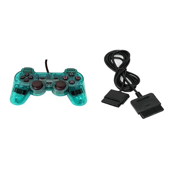 PS2 PlayStation 2 Wired Replacement Controller And Extension Cord Transparent Teal Green By Mars Devices