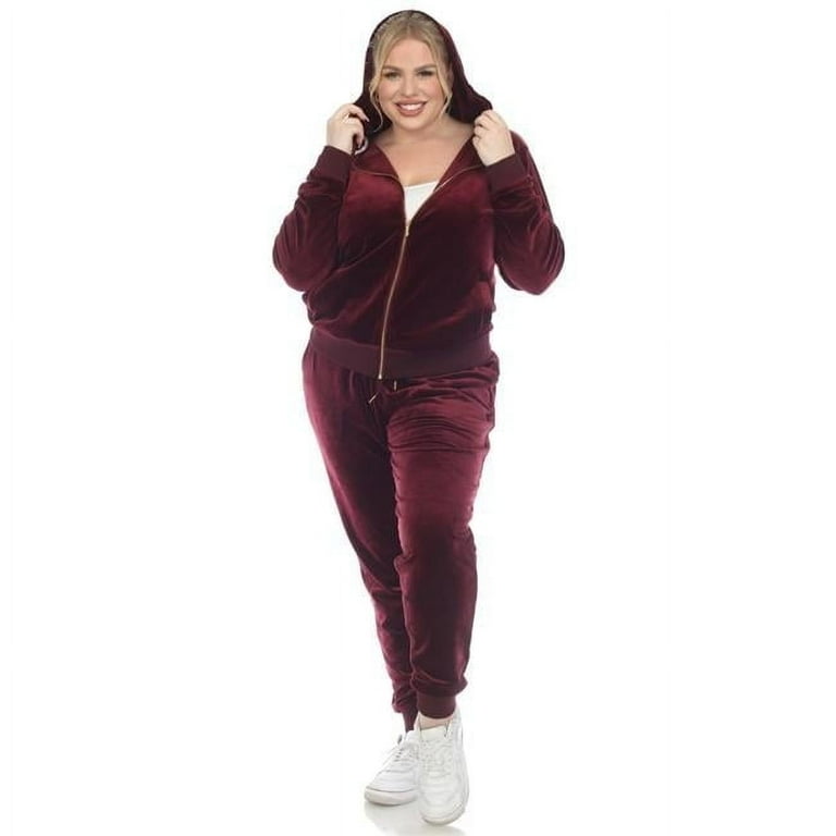 PS2121-21-2X Womens Plus Size Velour Tracksuit Set, Burgundy - 2X