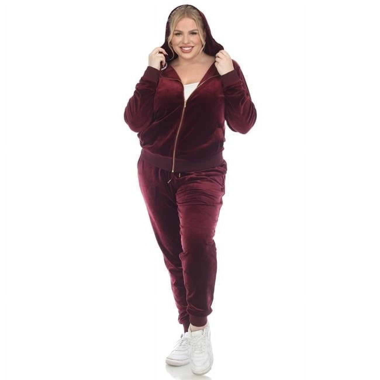 PS2121-21-3X Womens Plus Size Velour Tracksuit Set, Burgundy