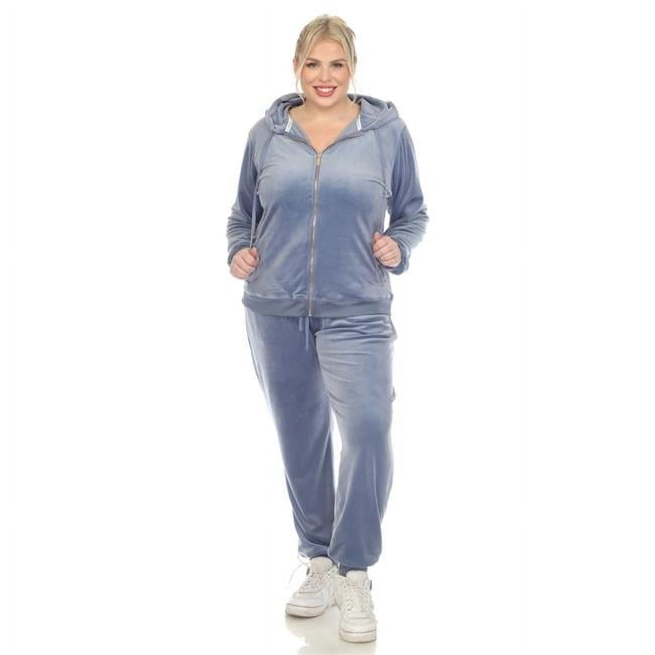 PS2121-22-1X Womens Plus Size Velour Tracksuit Set, Denim Blue - 1X - 2 Piece