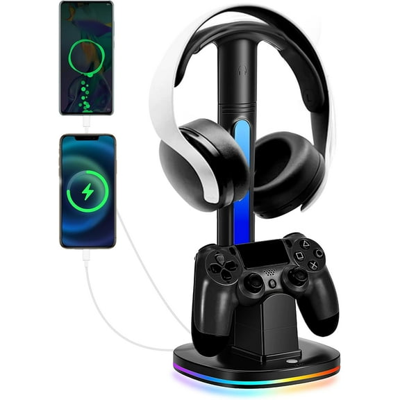 PS4 Controller Charger with RGB Headphone Stand, with 2 USB Charging Ports